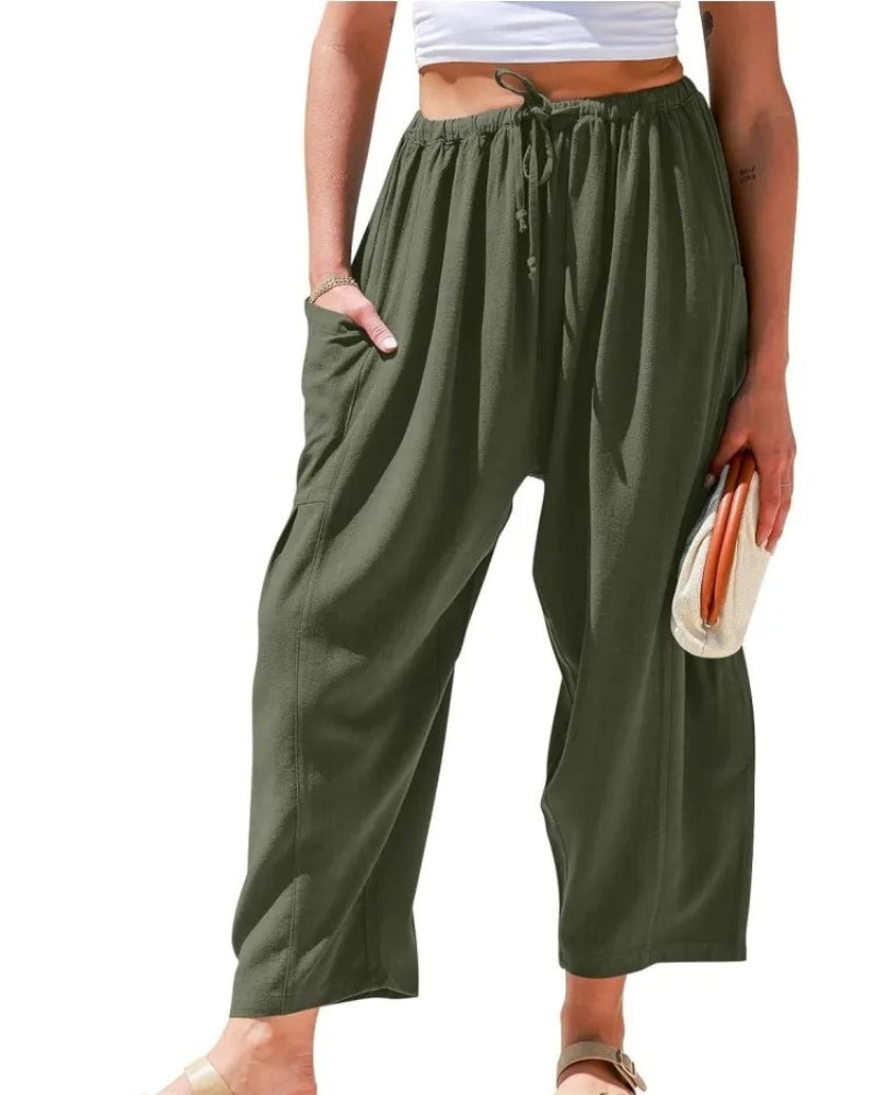 Women's Linen Wide Pants for Summer in Green