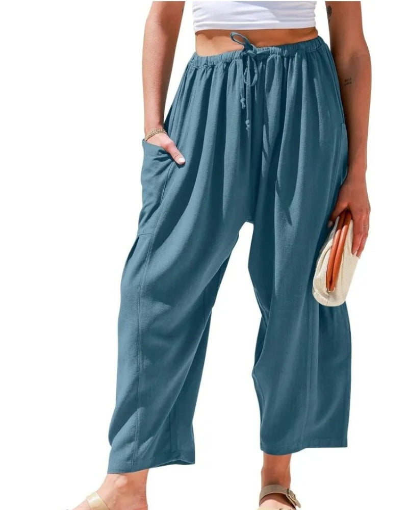 Women's Linen Wide Pants for Summer in Seeblau