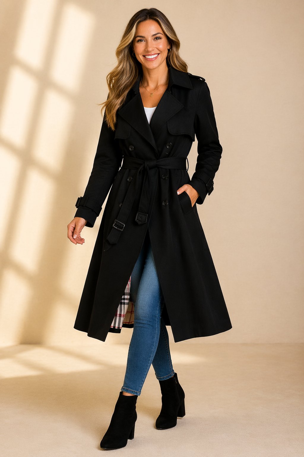 Women's Long Belted Trenchcoat in Black