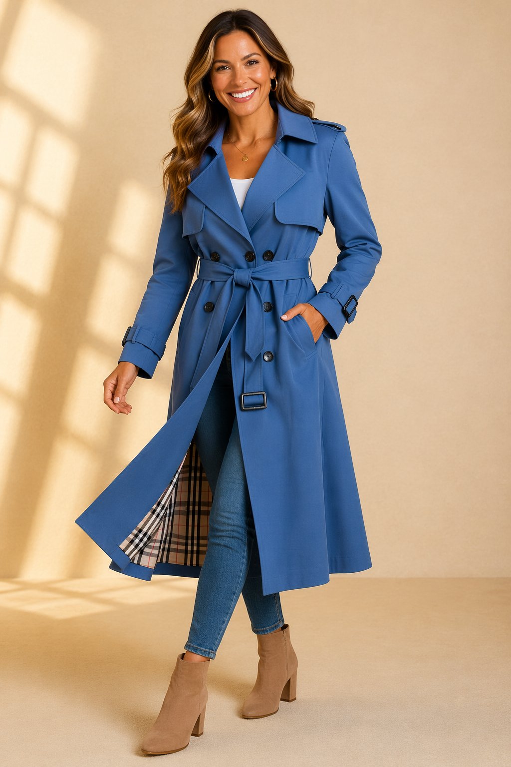 Women's Long Belted Trenchcoat in Blue