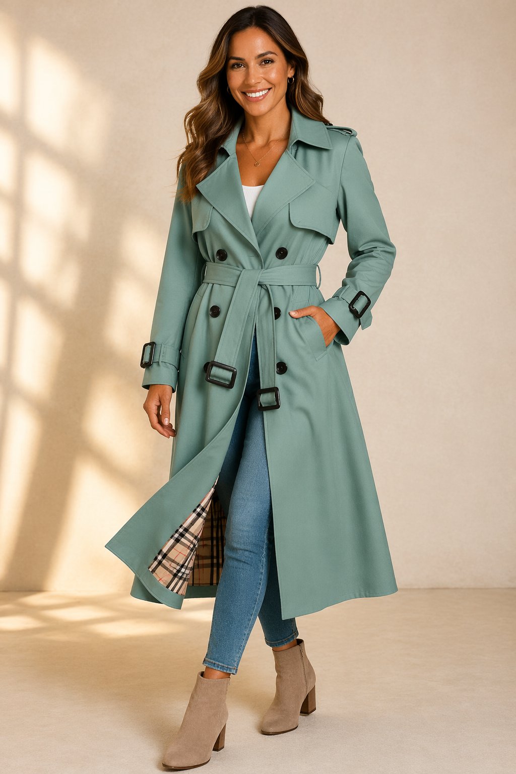 Women's Long Belted Trenchcoat in Green