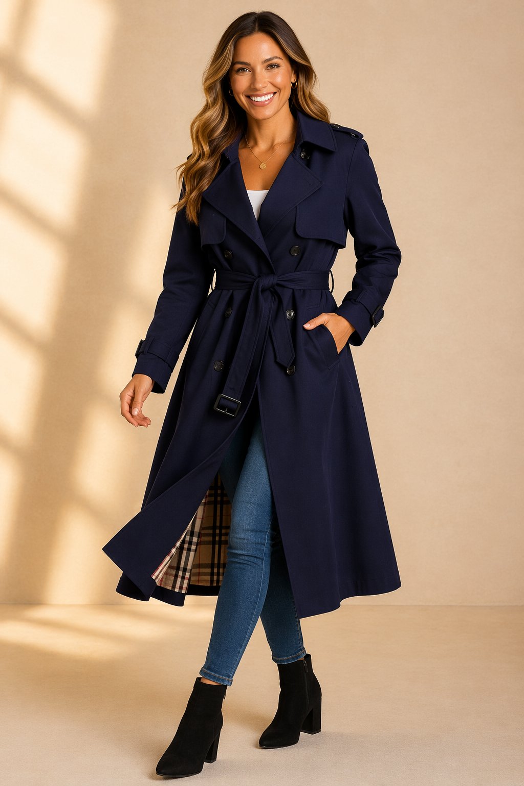 Women's Long Belted Trenchcoat in Navy