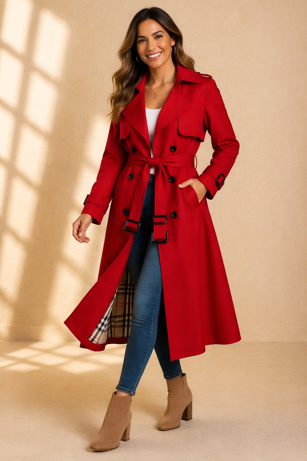 Women's Long Belted Trenchcoat in Red