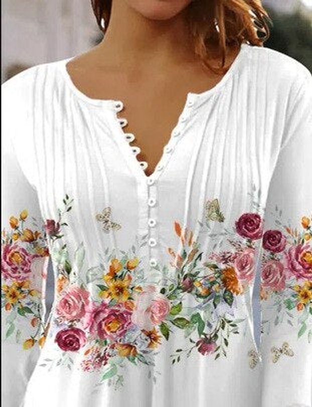 Women's Long-Sleeve Floral Henley Blouse