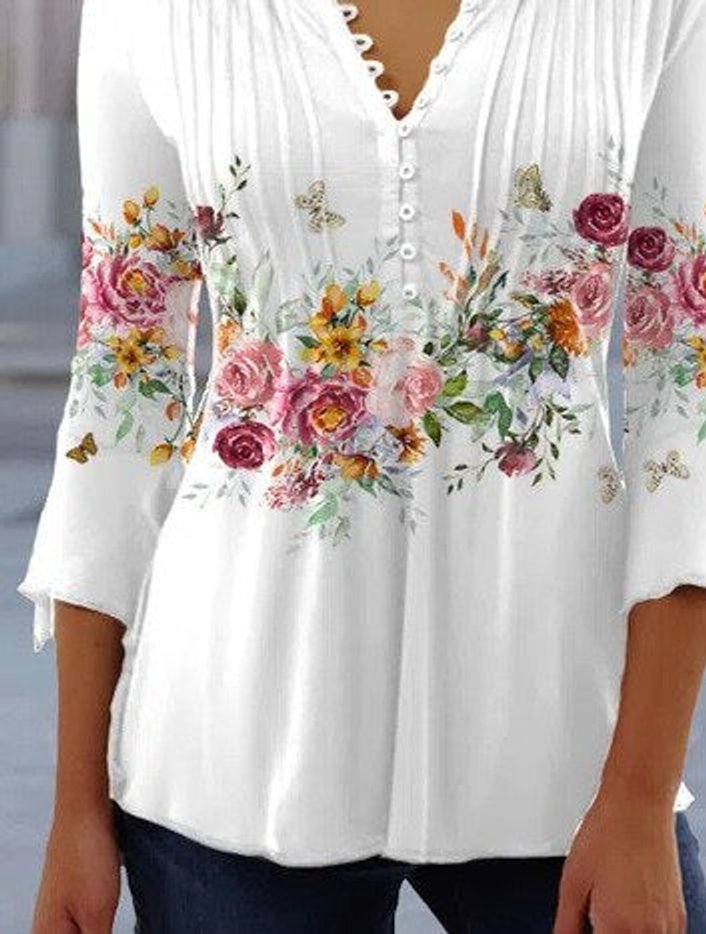 Women's Long-Sleeve Floral Henley Blouse (2)