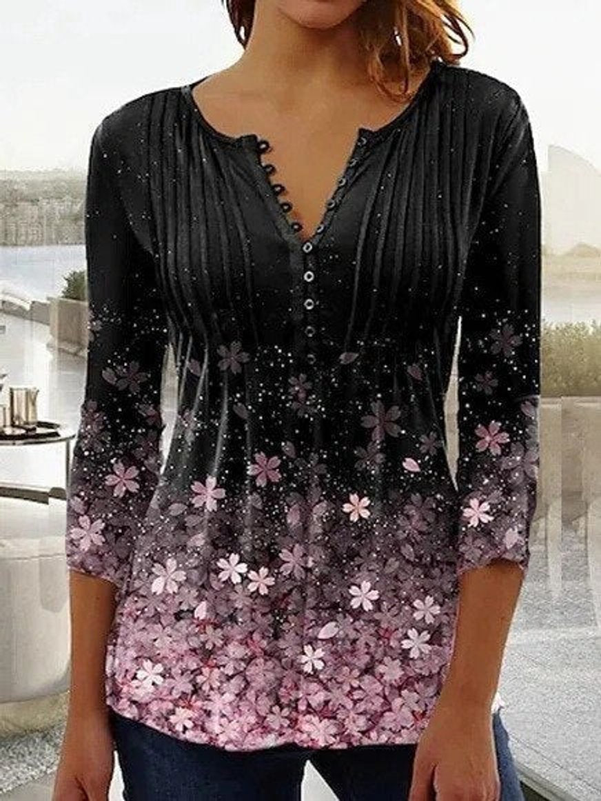Women's Long-Sleeve Floral Henley Blouse in Black