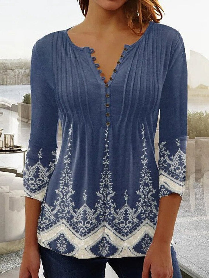 Women's Long-Sleeve Floral Henley Blouse in Blue