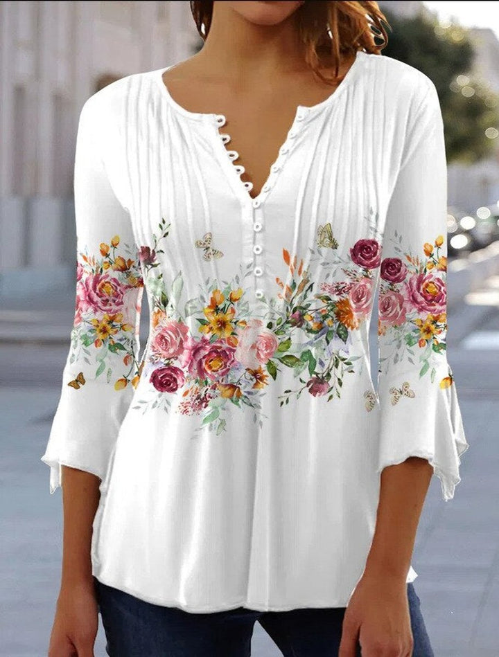 Women's Long-Sleeve Floral Henley Blouse in Blütenweiß