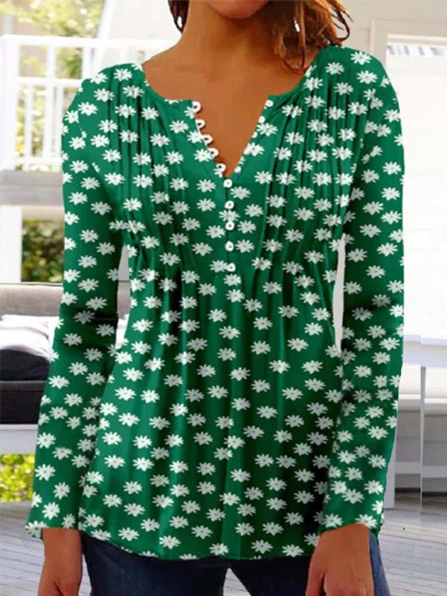 Women's Long-Sleeve Floral Henley Blouse in Dark Green