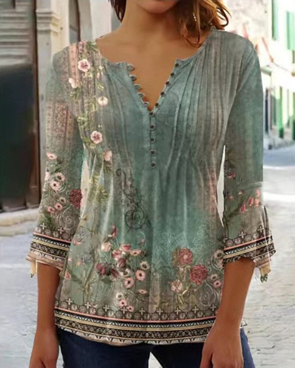Women's Long-Sleeve Floral Henley Blouse in Green
