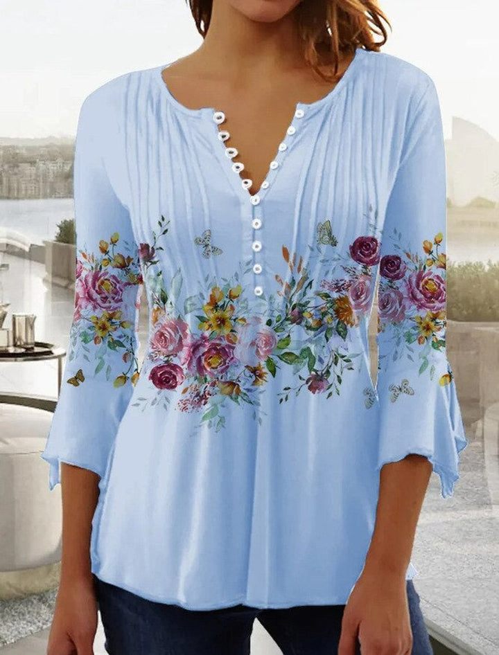 Women's Long-Sleeve Floral Henley Blouse in Light Blue