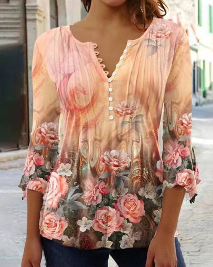 Women's Long-Sleeve Floral Henley Blouse in Orange