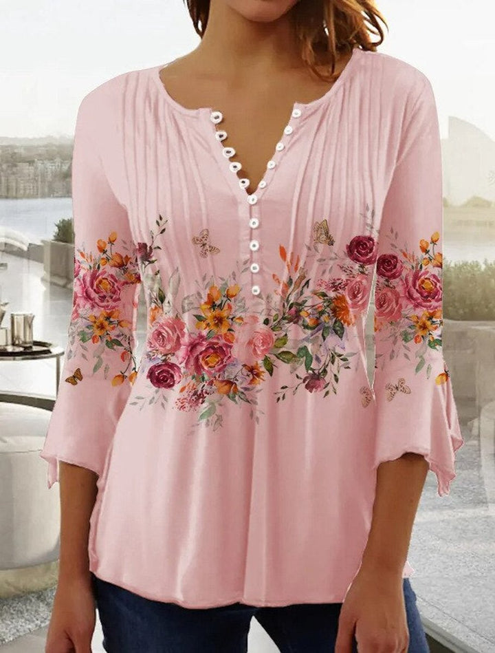 Women's Long-Sleeve Floral Henley Blouse in Pink