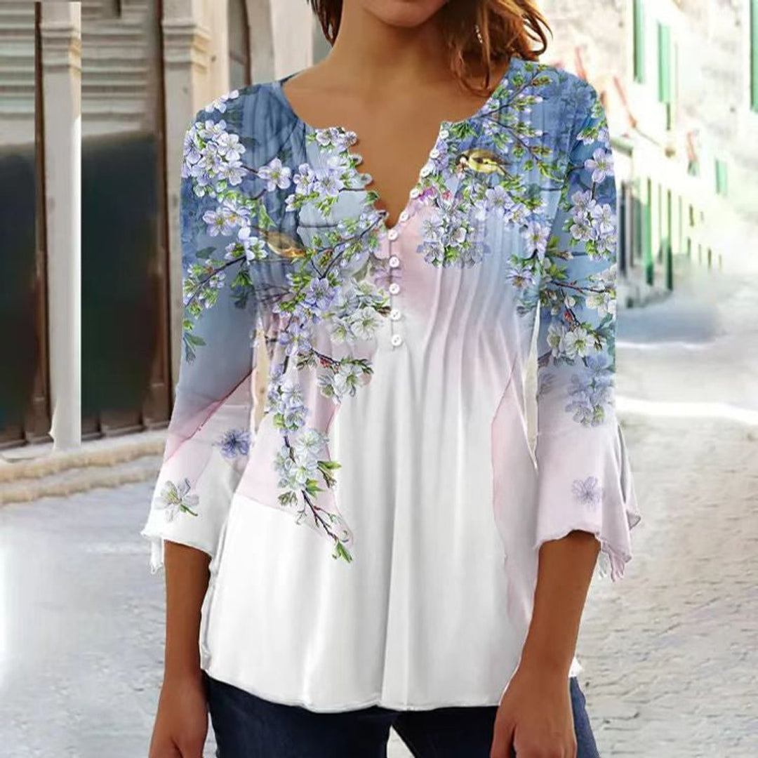 Women's Long-Sleeve Floral Henley Blouse in Weiß-Blau