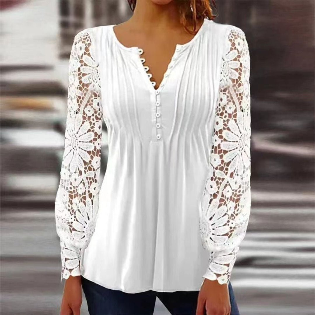 Women's Long-Sleeve Floral Henley Blouse in White