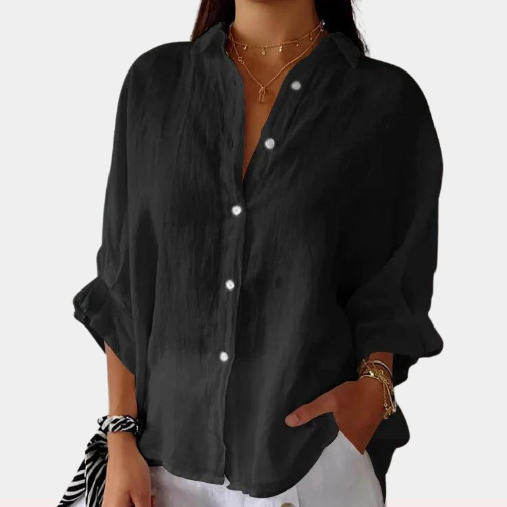 Women's Long-Sleeve Linen Blouse in Black