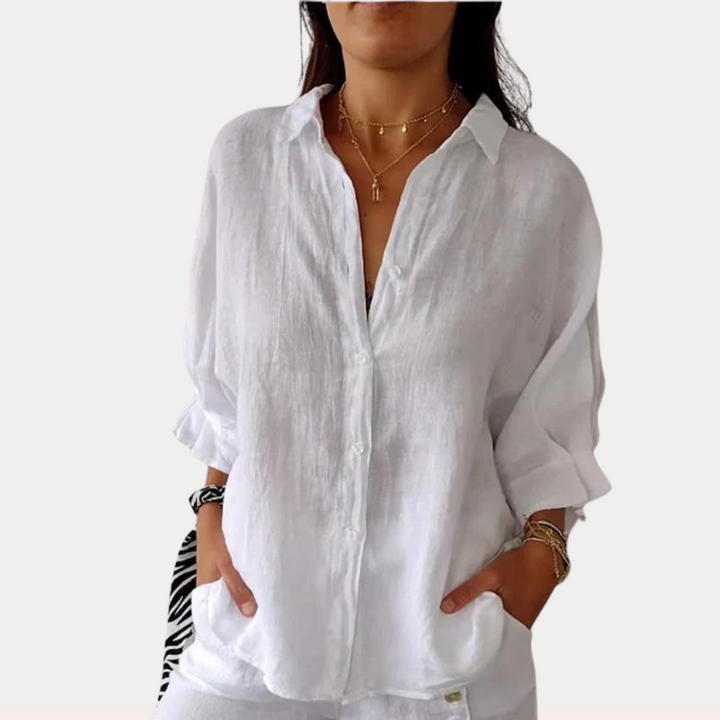 Women's Long-Sleeve Linen Blouse in White