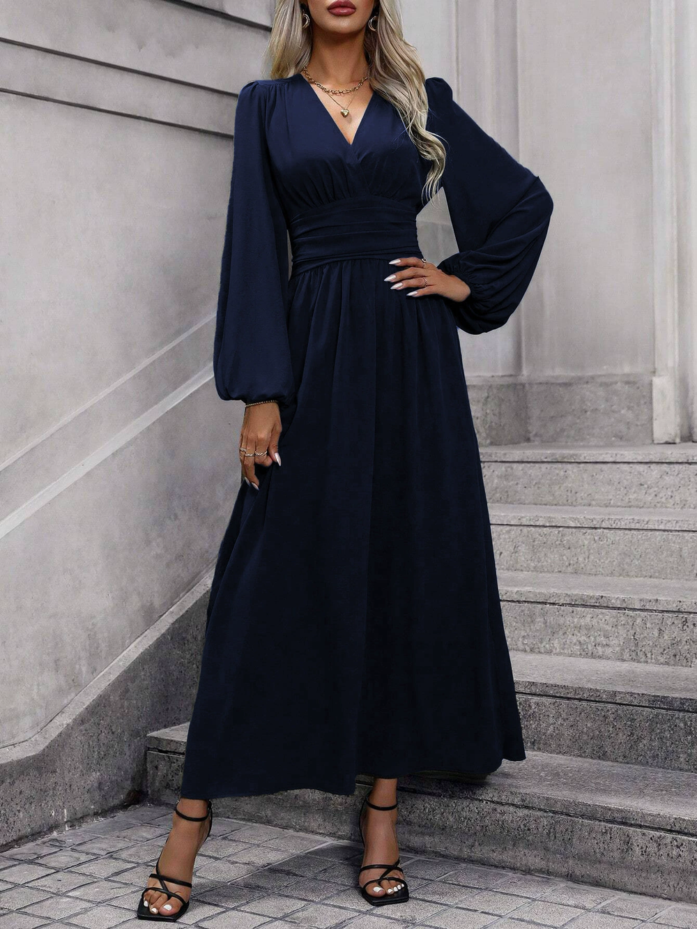 Women's Long Sleeve Midi Cocktail Dress with Slit in Blue