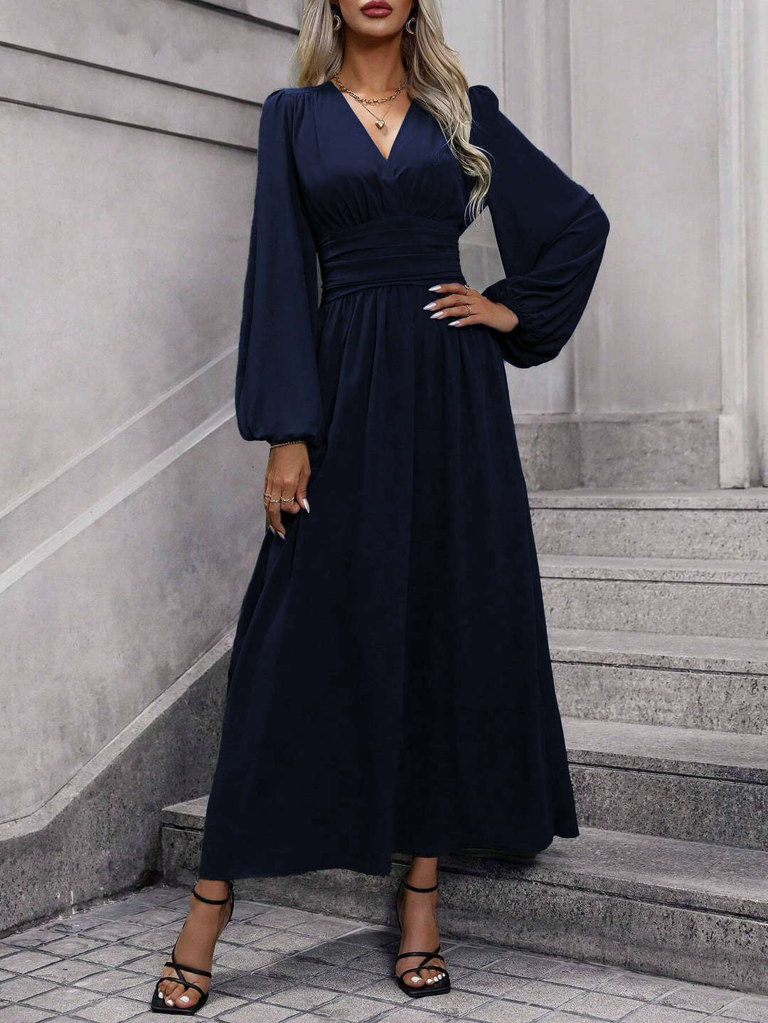 Women's Long Sleeve Midi Cocktail Dress with Slit in Blue
