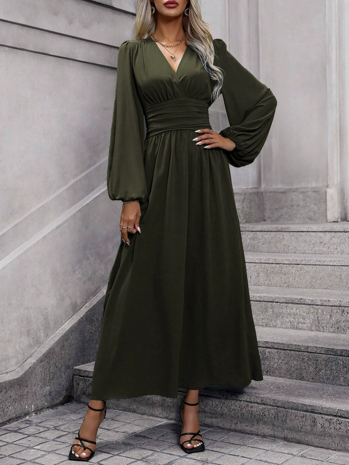 Women's Long Sleeve Midi Cocktail Dress with Slit in Green