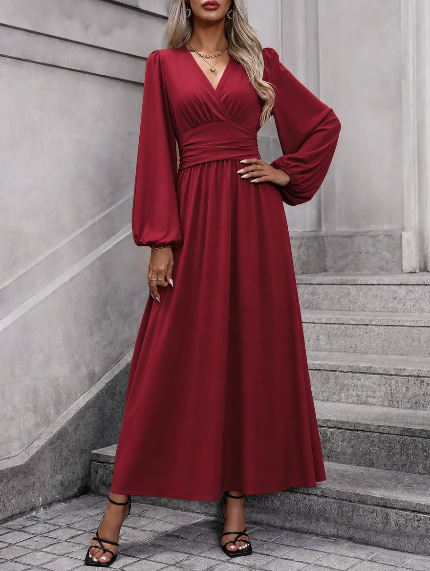 Women's Long Sleeve Midi Cocktail Dress with Slit in Red