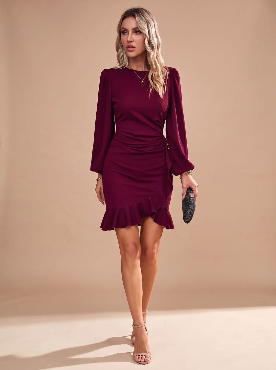 Women's Long-Sleeve Ruffle-Hem Mini Cocktail Dress in Burgundy