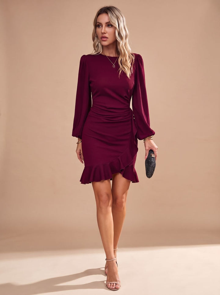Women's Long-Sleeve Ruffle-Hem Mini Cocktail Dress in Burgundy