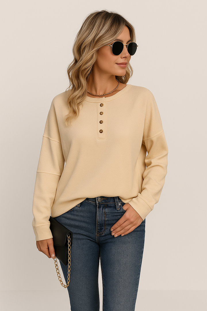 Women's Longsleeve Casual Button Top in Beige