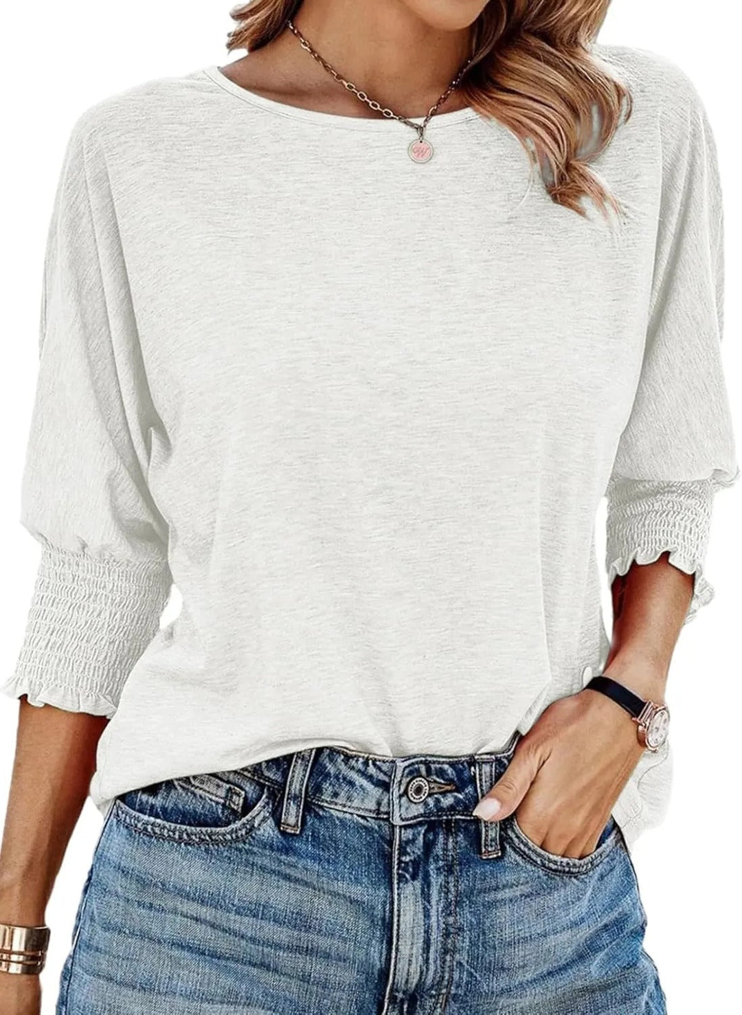 Women's Longsleeve Round-Neck Blouse in White