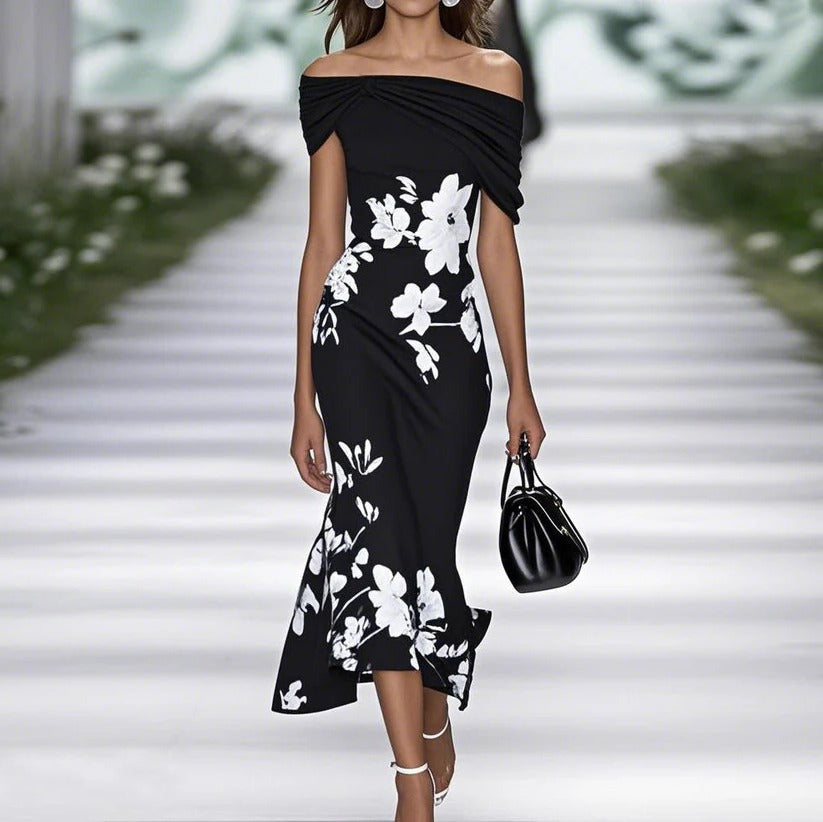 Women's Midi Wedding Guest Dress with Floral Print and Off-Shoulder Cut in Black