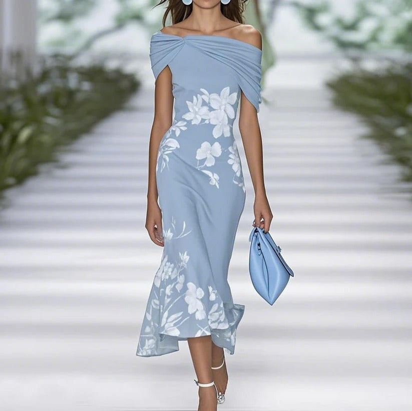 Women's Midi Wedding Guest Dress with Floral Print and Off-Shoulder Cut in Blue