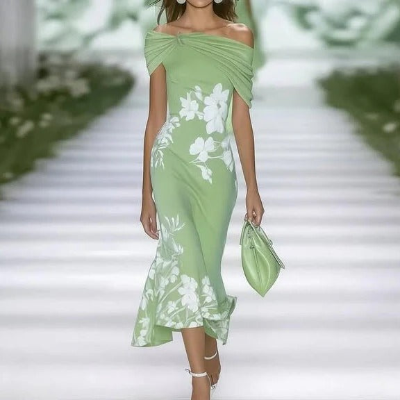 Women's Midi Wedding Guest Dress with Floral Print and Off-Shoulder Cut in Green