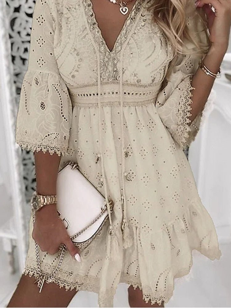 Women's Mini Lace Boho Beach Dress in Beige
