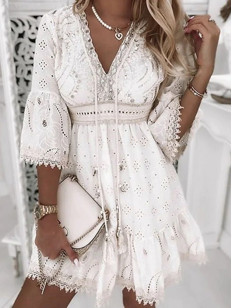 Women's Mini Lace Boho Beach Dress in White
