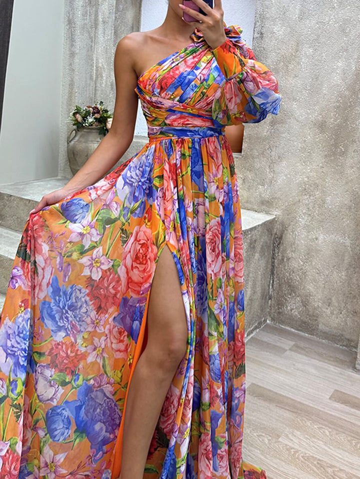 Women's One-Shoulder Floral Maxi Wedding Guest Dress for Summer Events in Orange