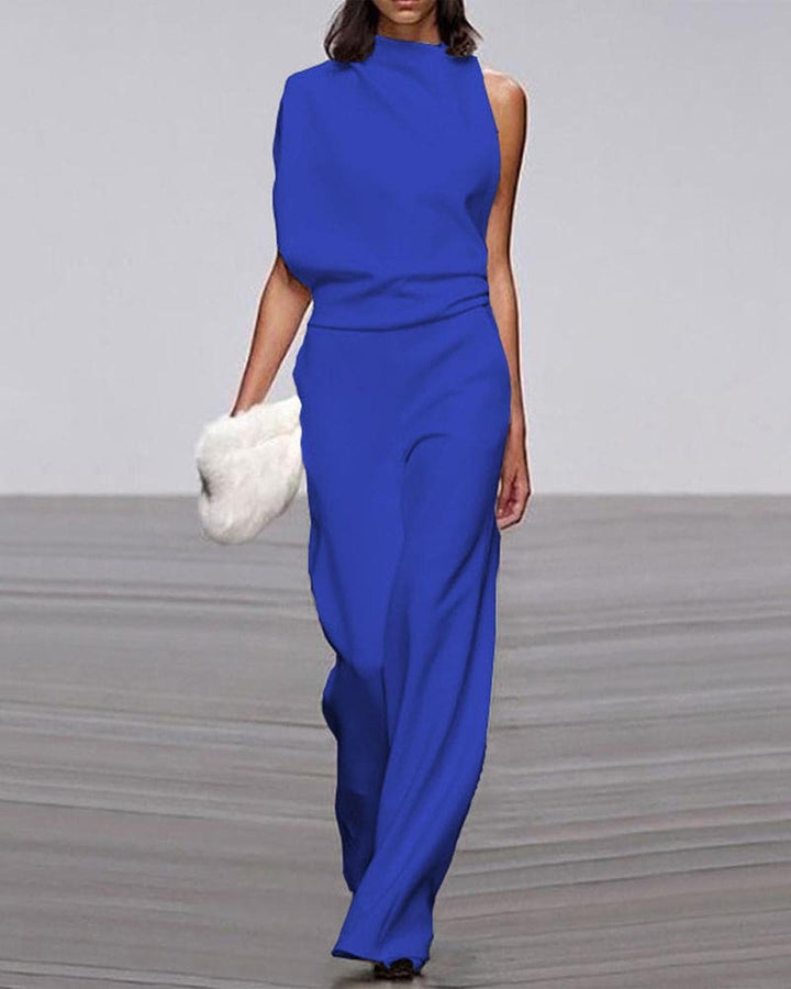 Women's One-Shoulder Wide-Leg Evening Jumpsuit in Blue