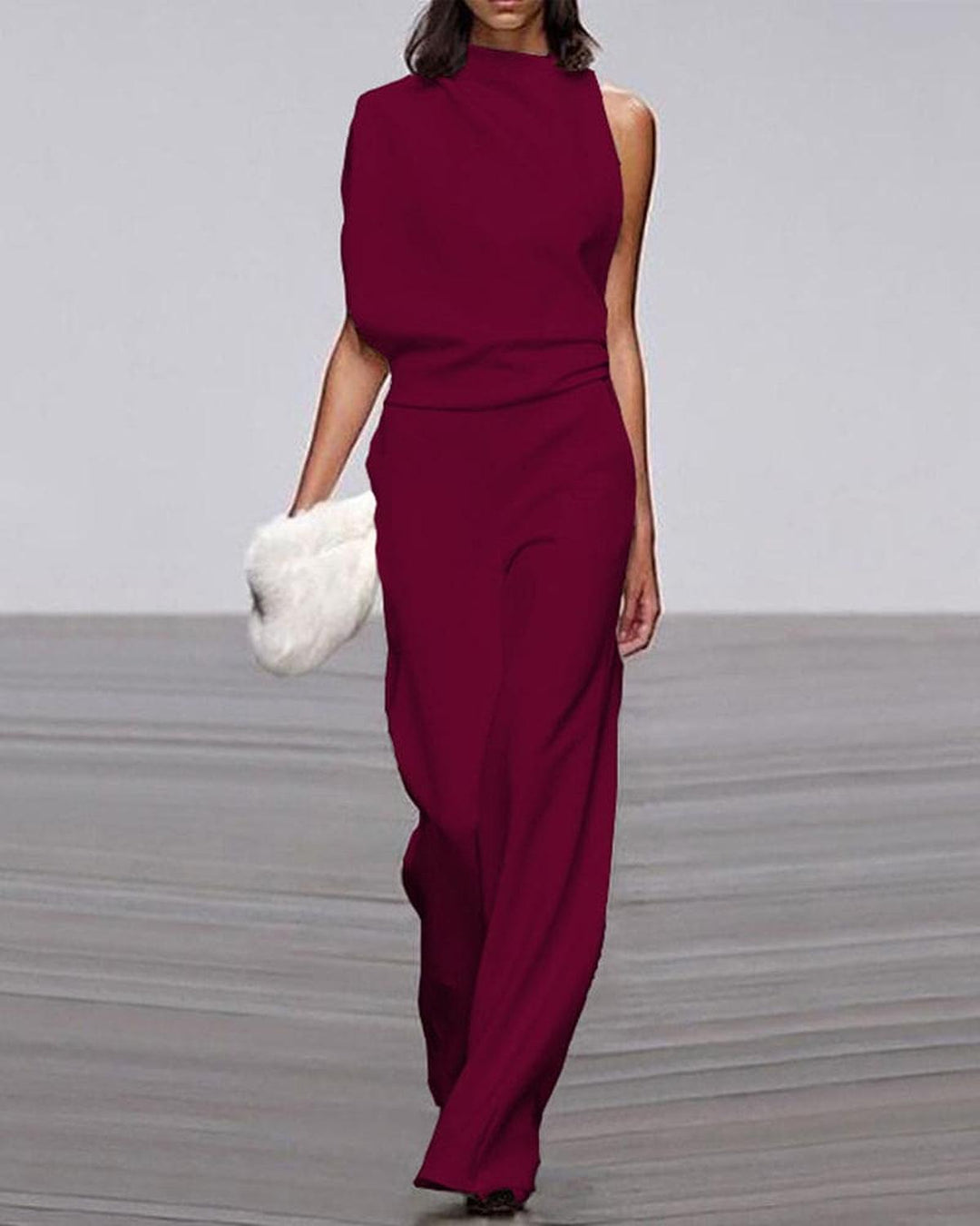 Women's One-Shoulder Wide-Leg Evening Jumpsuit in Dark Red