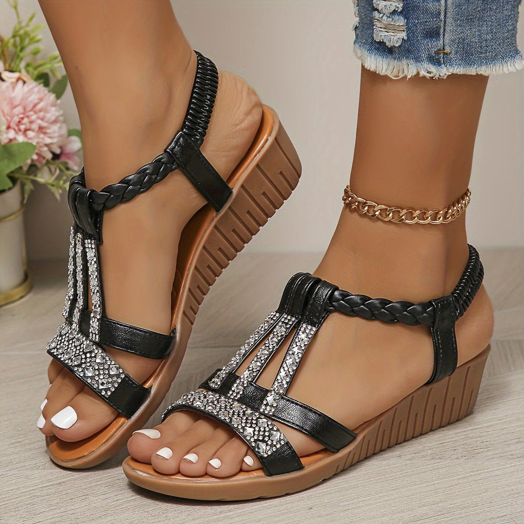 Women's Orthopedic T-Strap Wedge Sandal in Black