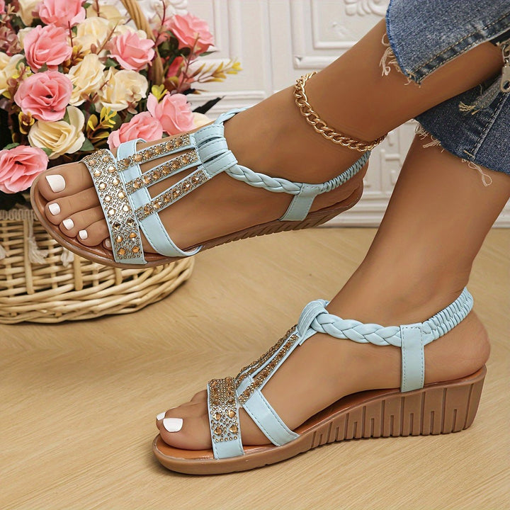 Women's Orthopedic T-Strap Wedge Sandal in Light Blue