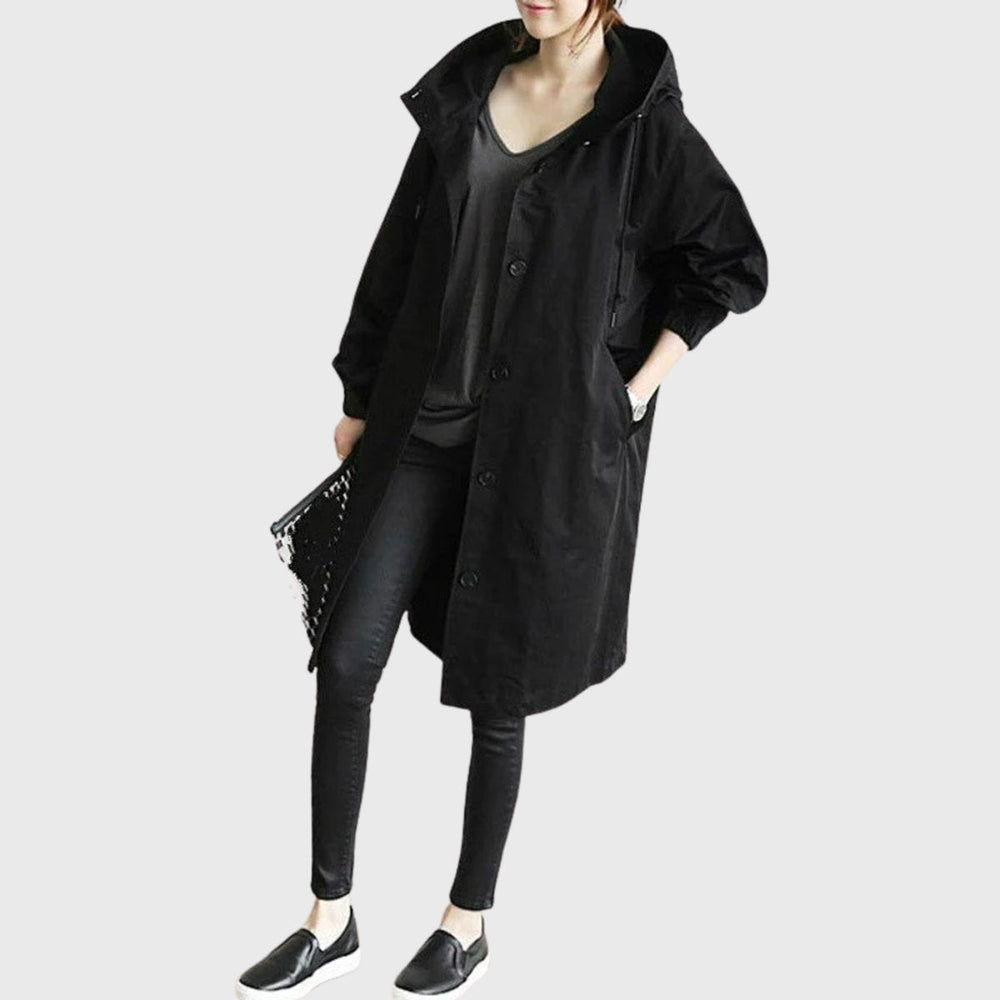 Women's Oversized Water-Repellent Hooded Trenchcoat in Black