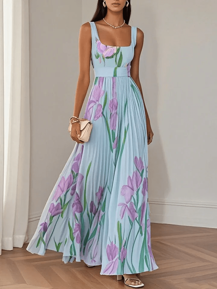 Women's Pleated Chiffon Maxi Dress for Summer Wedding Guests in Blue