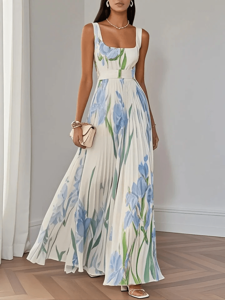 Women's Pleated Chiffon Maxi Dress for Summer Wedding Guests in Light Blue