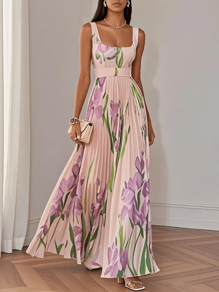 Women's Pleated Chiffon Maxi Dress for Summer Wedding Guests in Pink