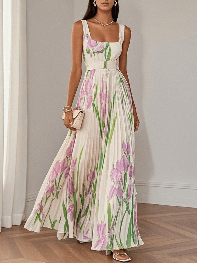 Women's Pleated Chiffon Maxi Dress for Summer Wedding Guests in White