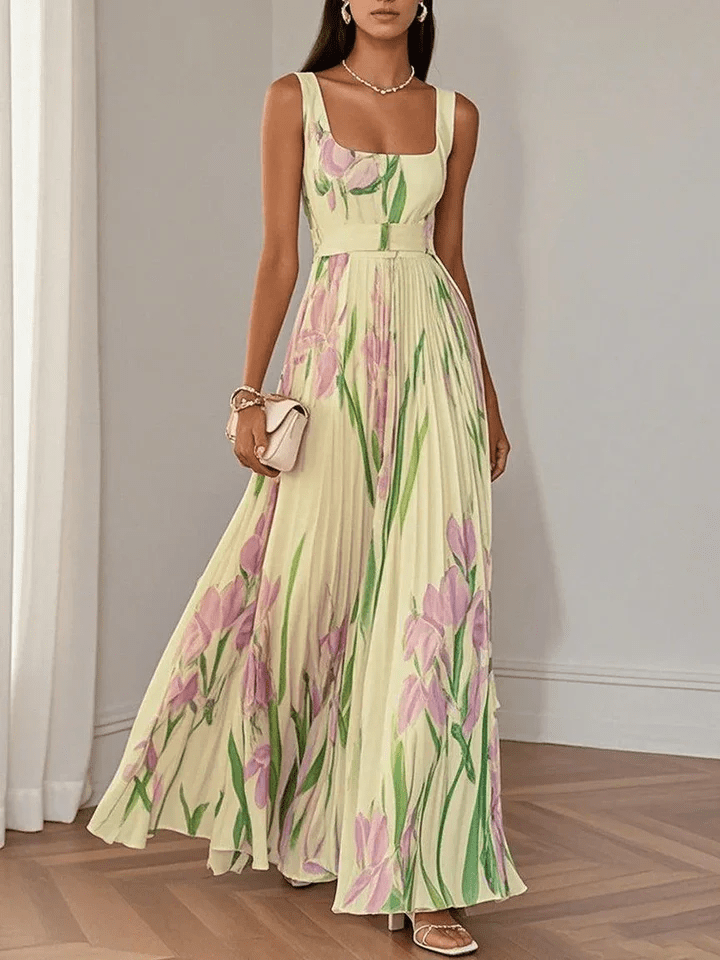 Women's Pleated Chiffon Maxi Dress for Summer Wedding Guests in Yellow