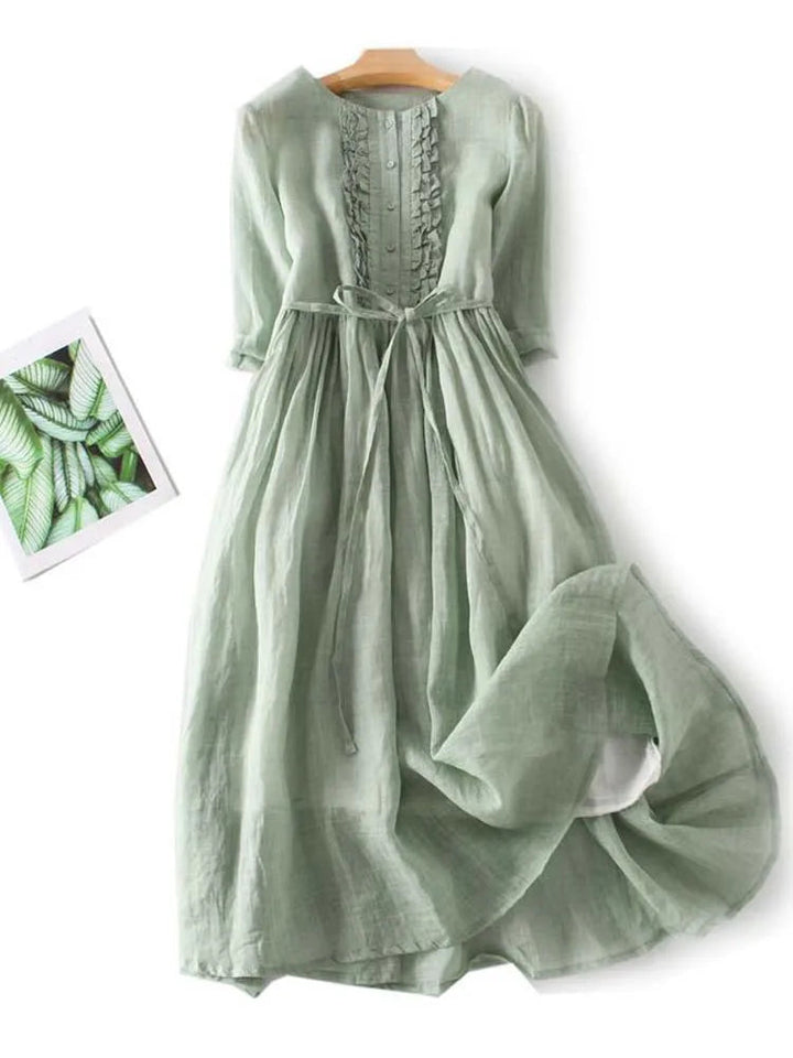 Women's Pleated Linen Dress for Summer in Green