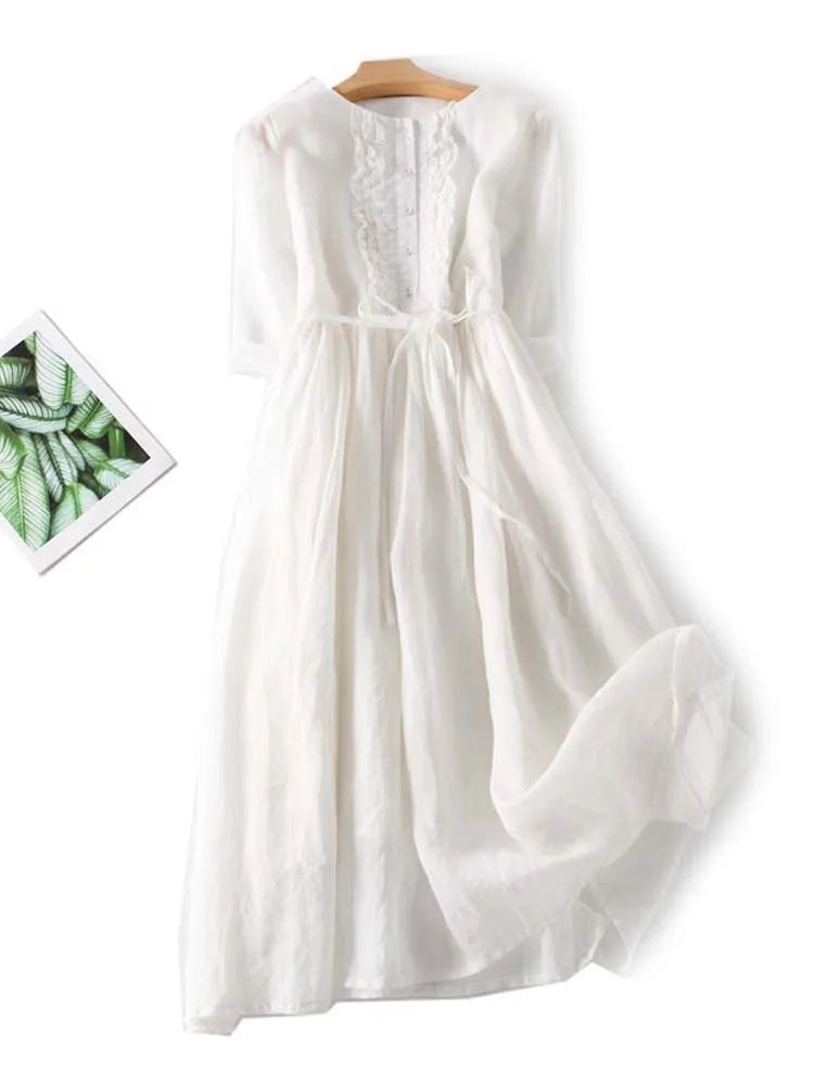 Women's Pleated Linen Dress for Summer in White
