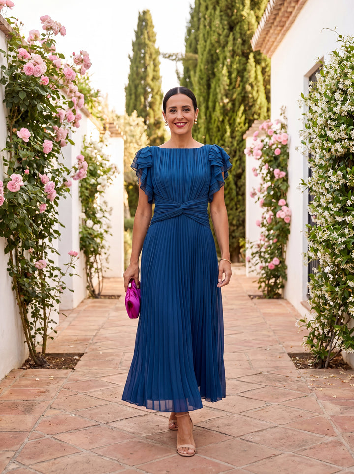 Women's Pleated Maxi Cocktail Dress in Blue