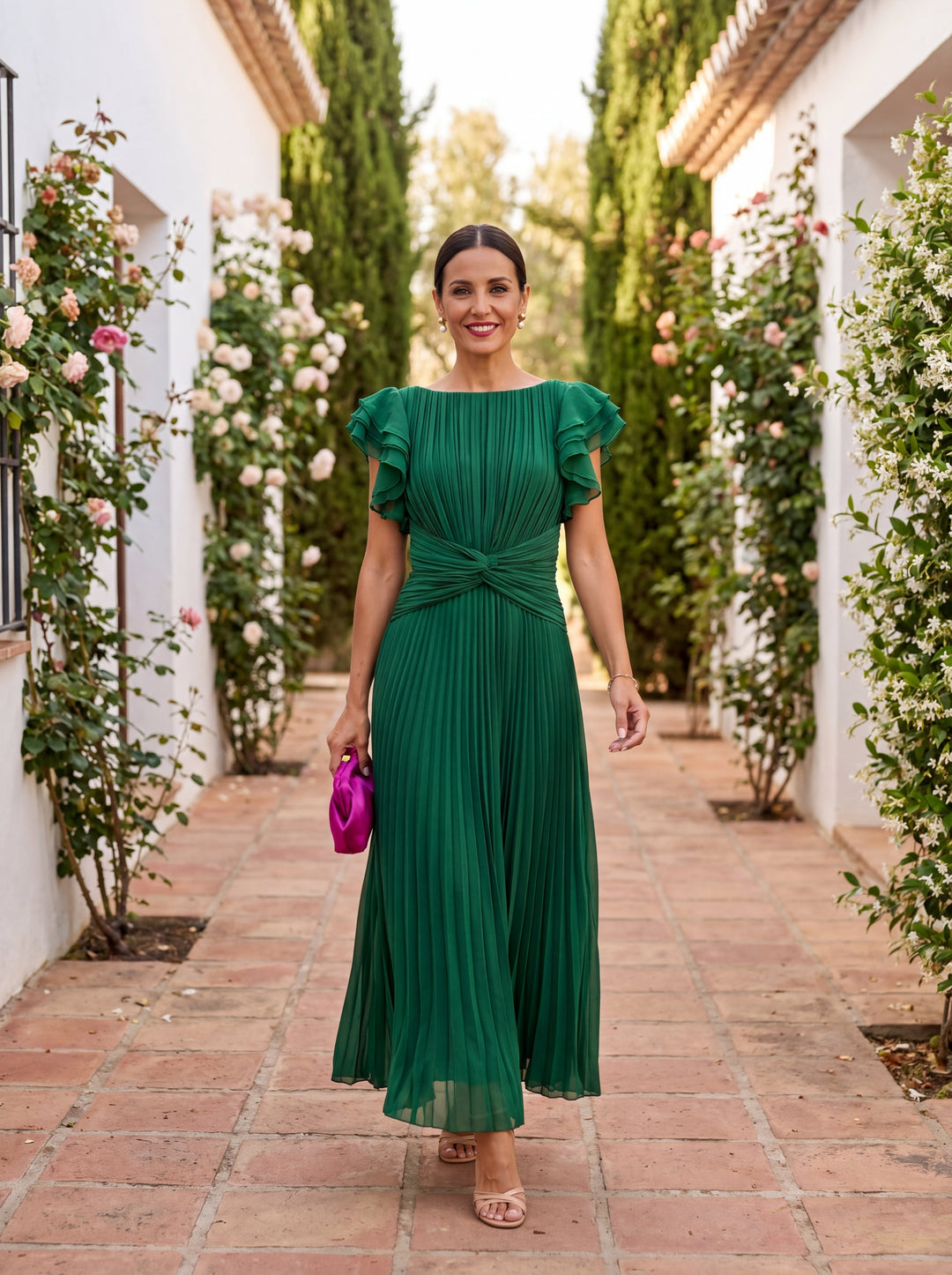 Women's Pleated Maxi Cocktail Dress in Green