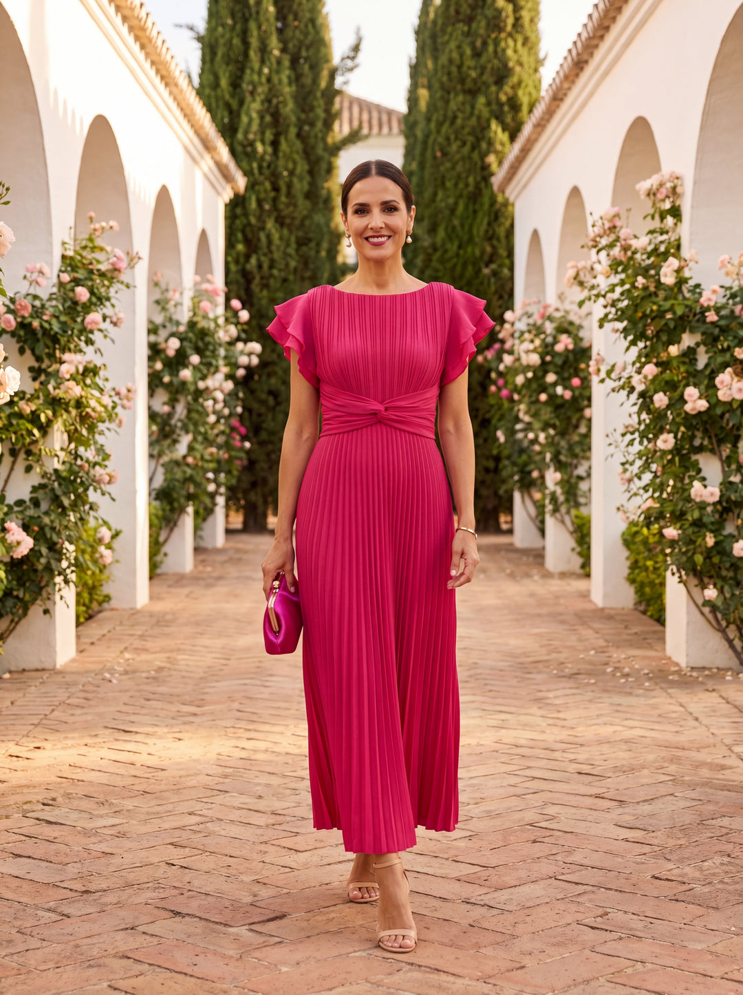 Women's Pleated Maxi Cocktail Dress in Pink